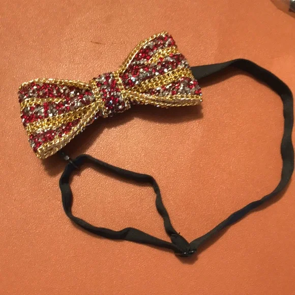 Gold and Red Beaded Bow Tie